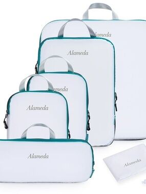 Alameda Packing Cubes Set of 5 • White & Teal Travel Organizers • Storage Bags